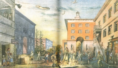 A WW2-era illustration of a air-raid alarm practice.